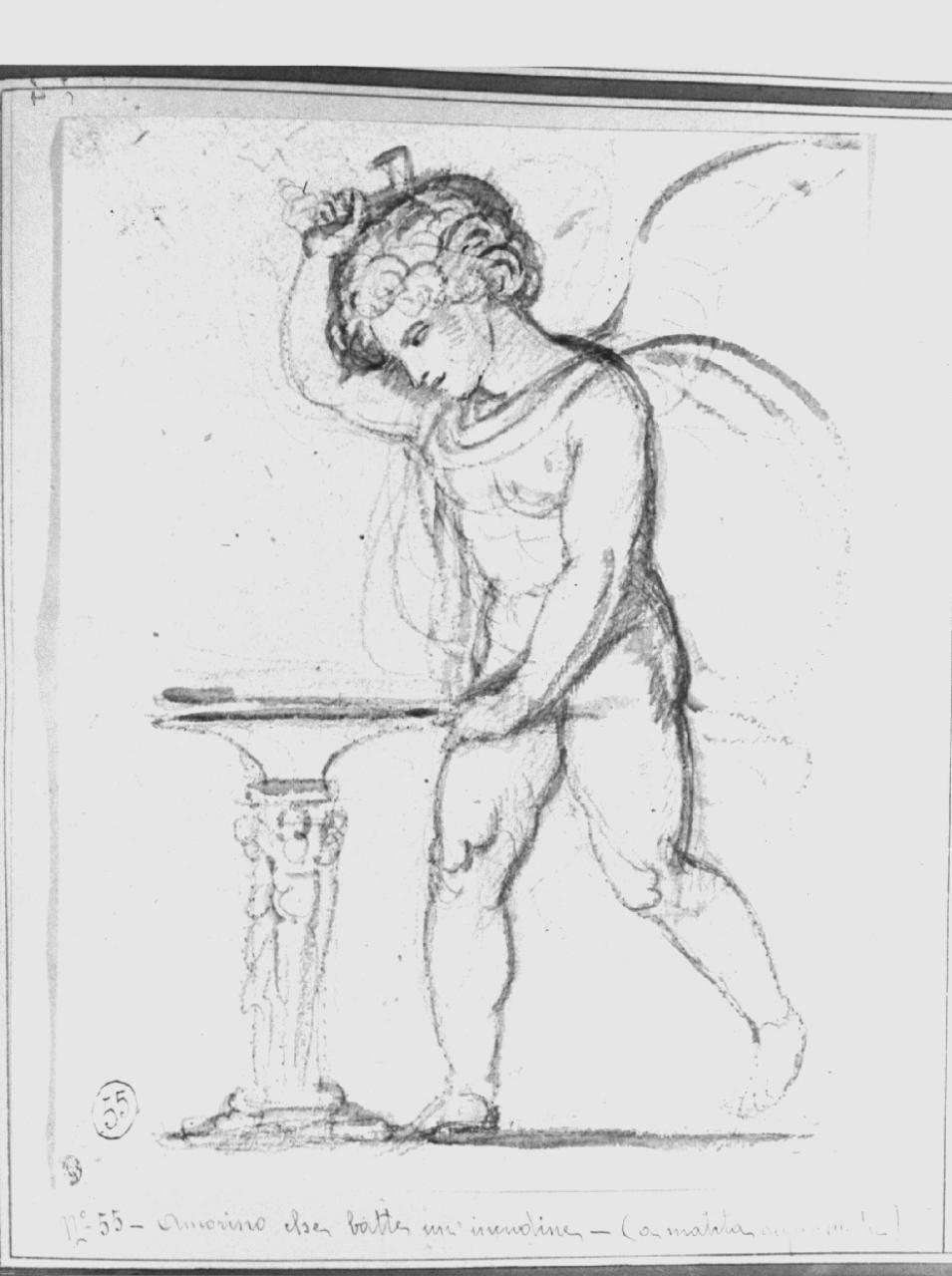 putto che batte una freccia sull'incudine, putto con freccia (disegno) di Appiani, Andrea (sec. XVIII)