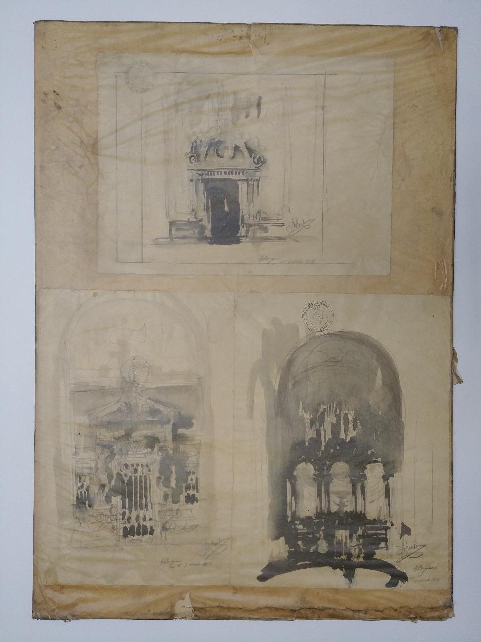 Cappella Gentilizia addossata a una Cattedrale (Stile medioevale. Terza prova estemporanea: prospetti), cappella gentilizia (disegno) di D'Urbino, Manfredo (sec. XX)