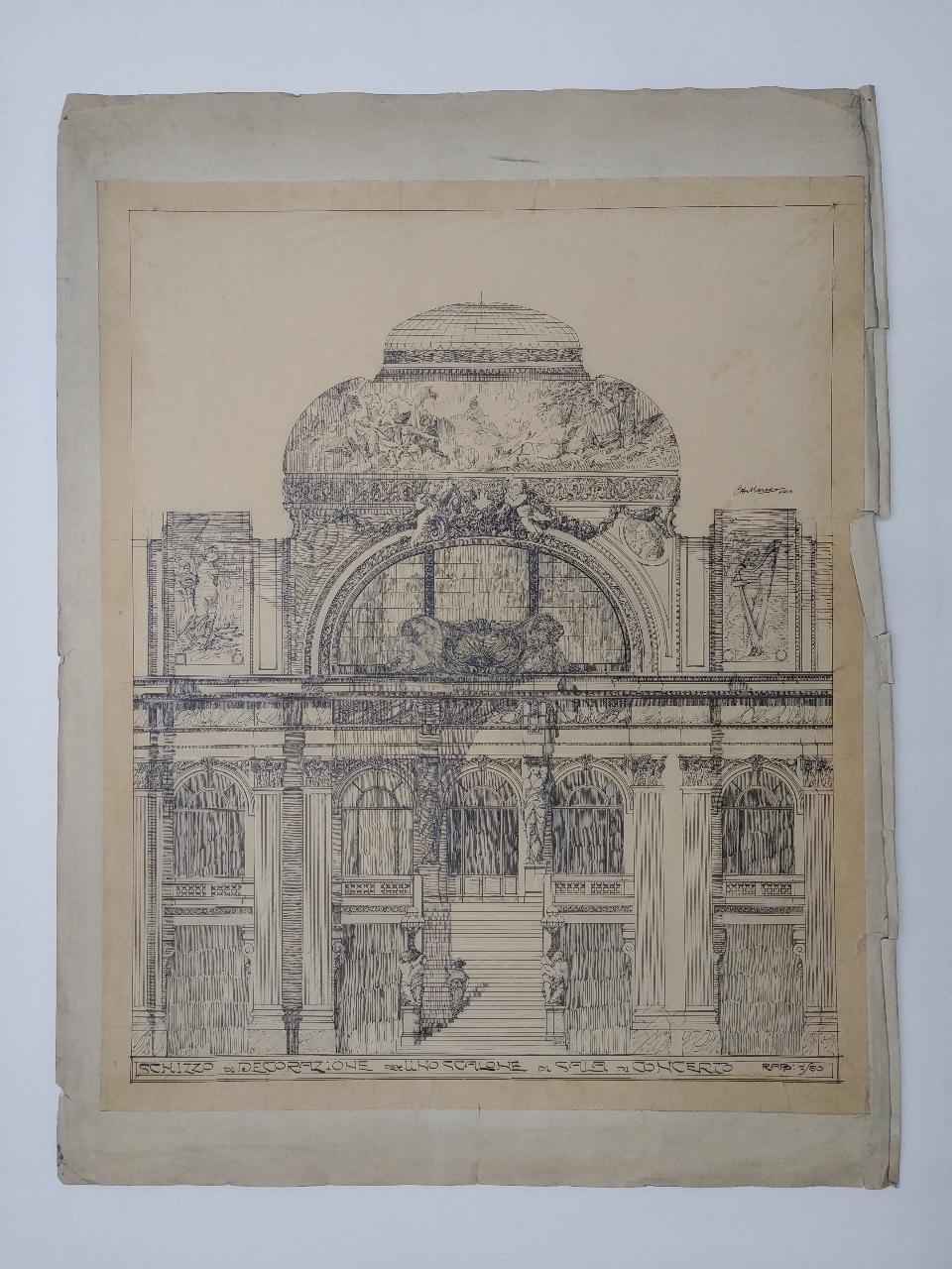 Schizzo di decorazione per uno scalone di sala di concerto (prospetto frontale), scalone di sala da concerto (disegno) di Di Marco, Carmelo (sec. XX)