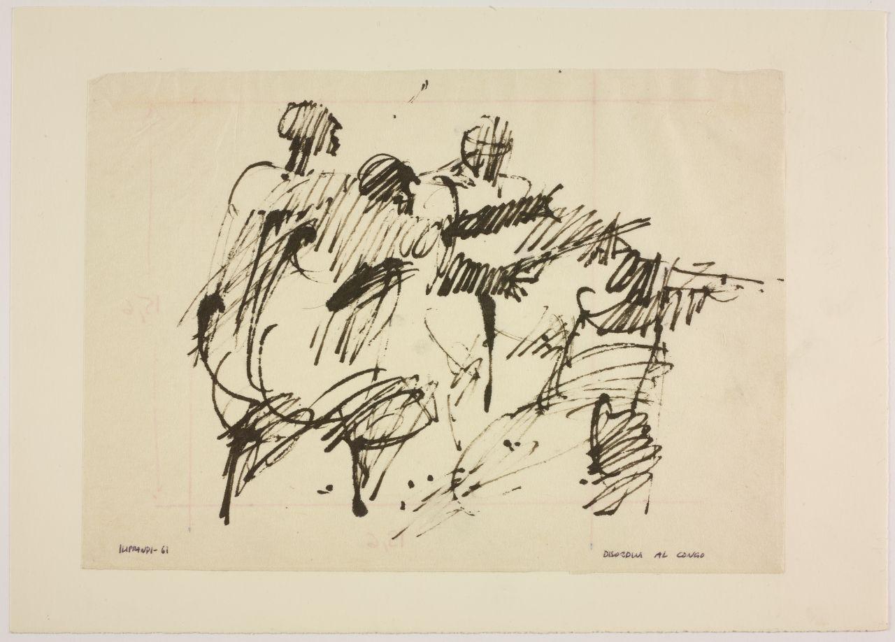 Disordini al Congo, Disegno per mostra allestita alla Libreria Salto di Milano, 1961, militari in combattimento (disegno) di Iliprandi, Giancarlo (sec. XX)