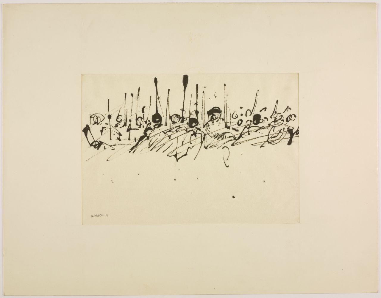 Disegno per mostra allestita alla Libreria Salto di Milano, 1961, figure umane armate (disegno) di Iliprandi, Giancarlo (sec. XX)