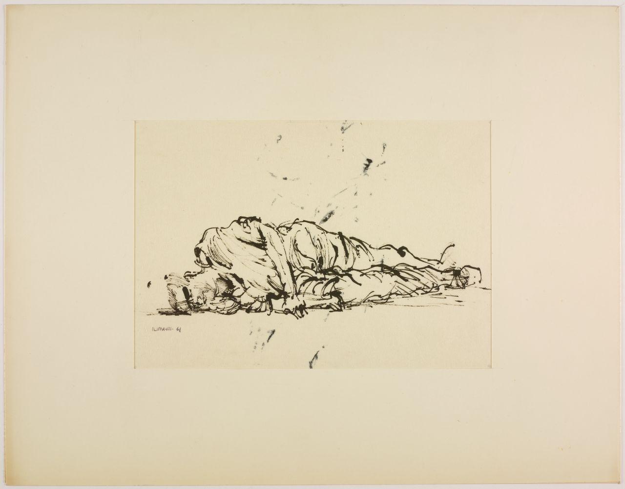 Disegno per mostra allestita alla Libreria Salto di Milano, 1961, uomo riverso a terra (disegno) di Iliprandi, Giancarlo (sec. XX)