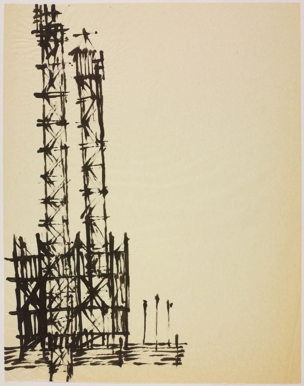 Disegno della serie Case e cantieri, cantieri in periferia (disegno) di Iliprandi, Giancarlo (sec. XX)