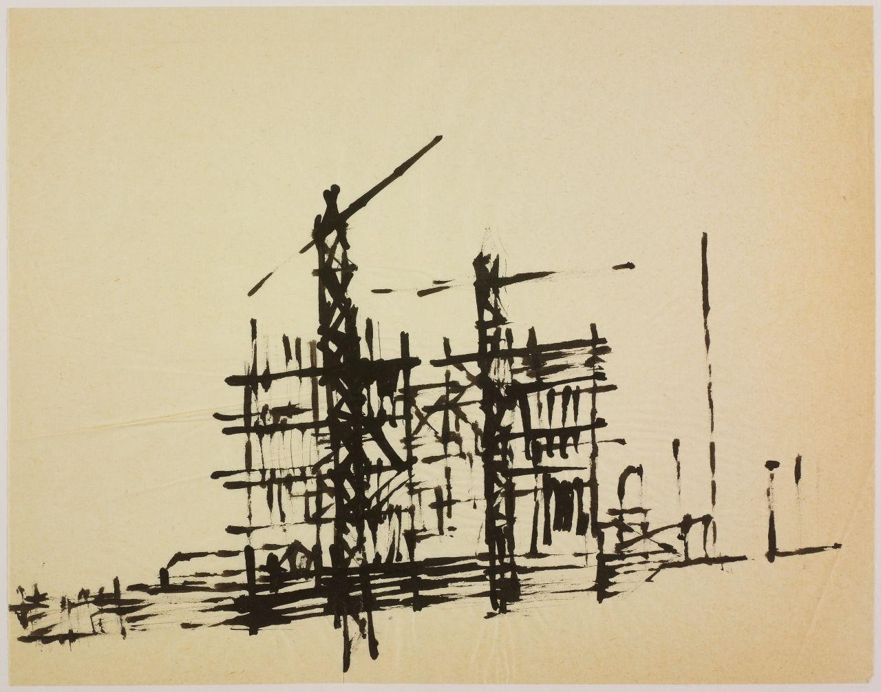 Disegno della serie Case e cantieri, cantieri in periferia (disegno) di Iliprandi, Giancarlo (sec. XX)