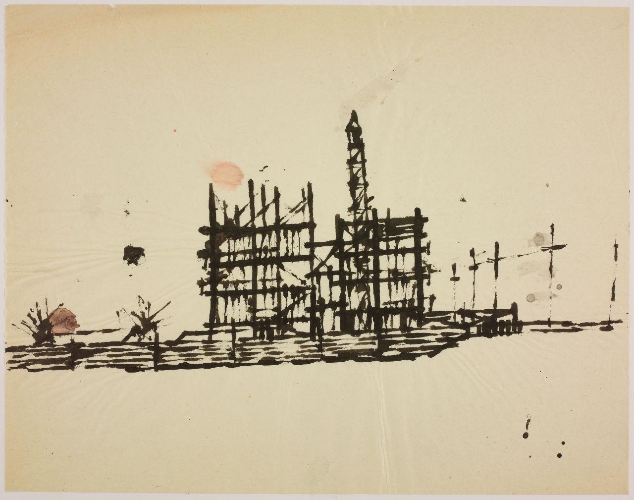 Disegno della serie Case e cantieri, cantieri in periferia (disegno) di Iliprandi, Giancarlo (sec. XX)