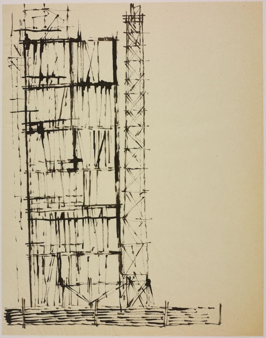Disegno della serie Case e cantieri, cantieri in periferia (disegno) di Iliprandi, Giancarlo (sec. XX)