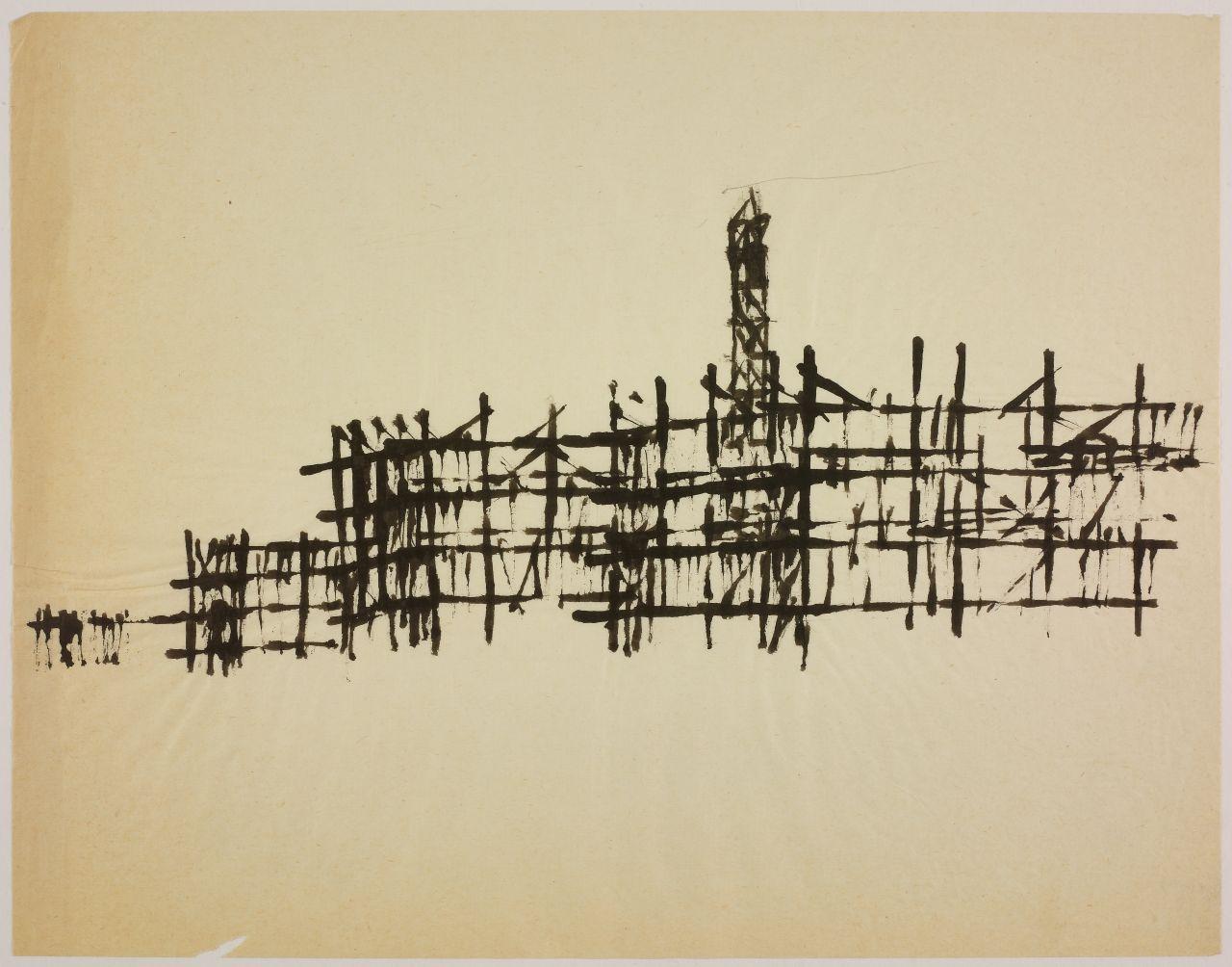 Disegno della serie Case e cantieri, cantieri in periferia (disegno) di Iliprandi, Giancarlo (sec. XX)