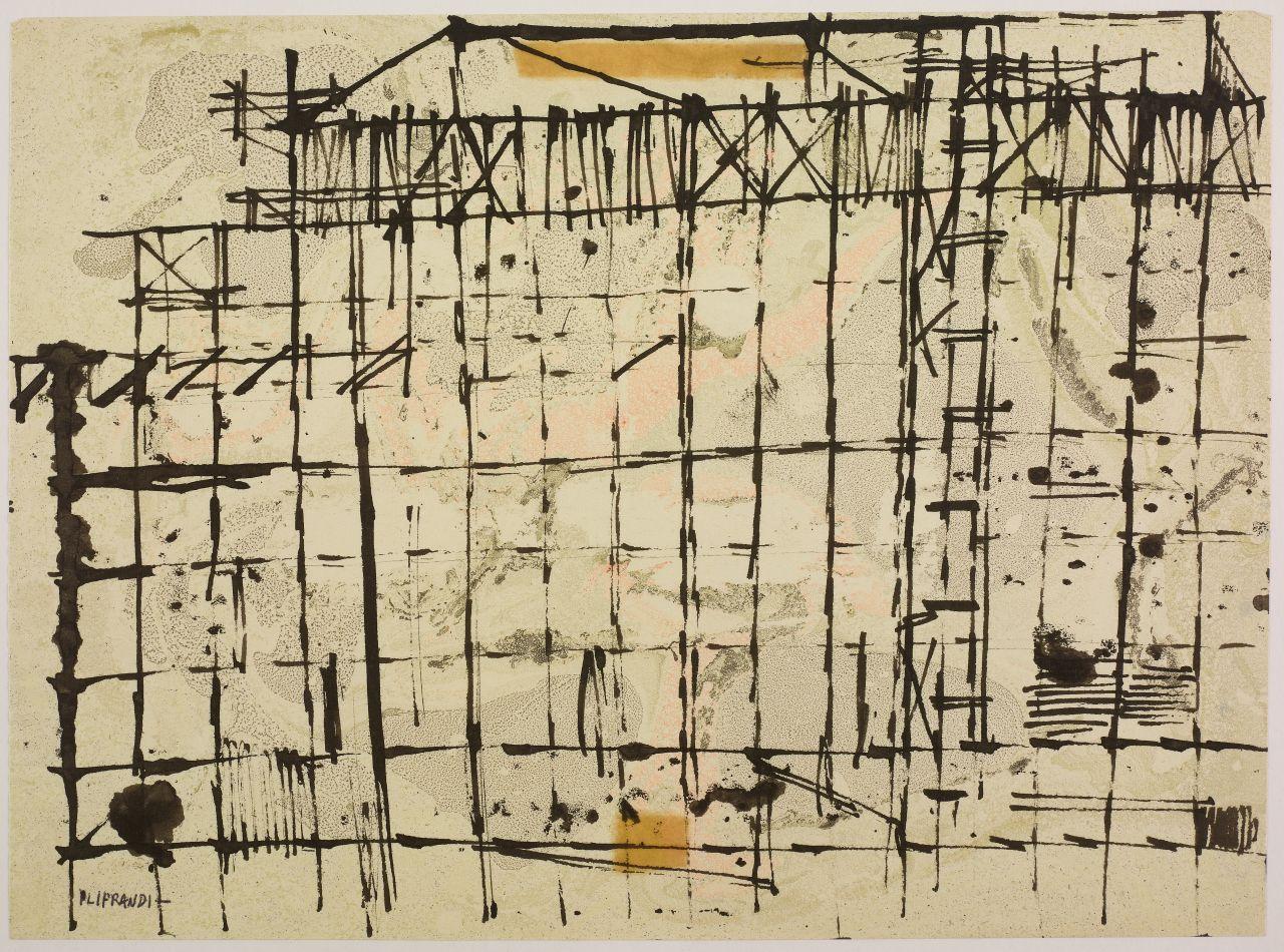 Disegno della serie Case e cantieri, cantieri in periferia (disegno) di Iliprandi, Giancarlo (sec. XX)