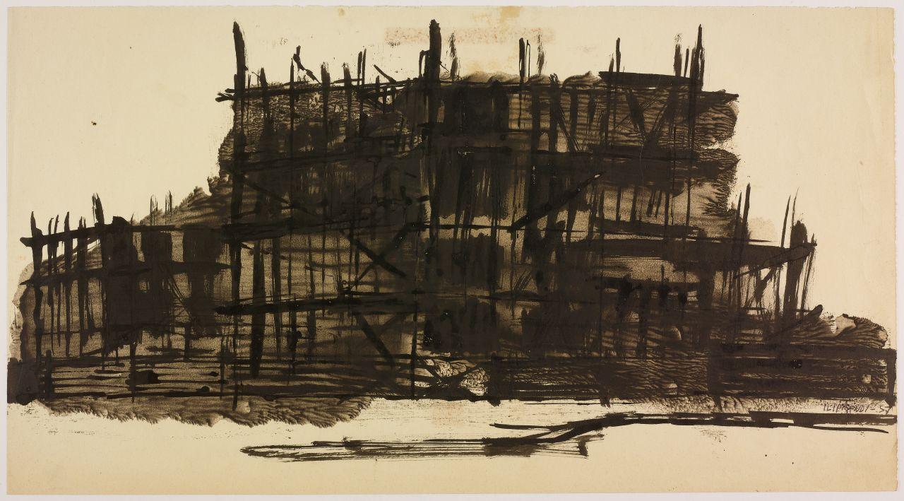 Disegno della serie Case e cantieri, cantieri in periferia (disegno) di Iliprandi, Giancarlo (sec. XX)
