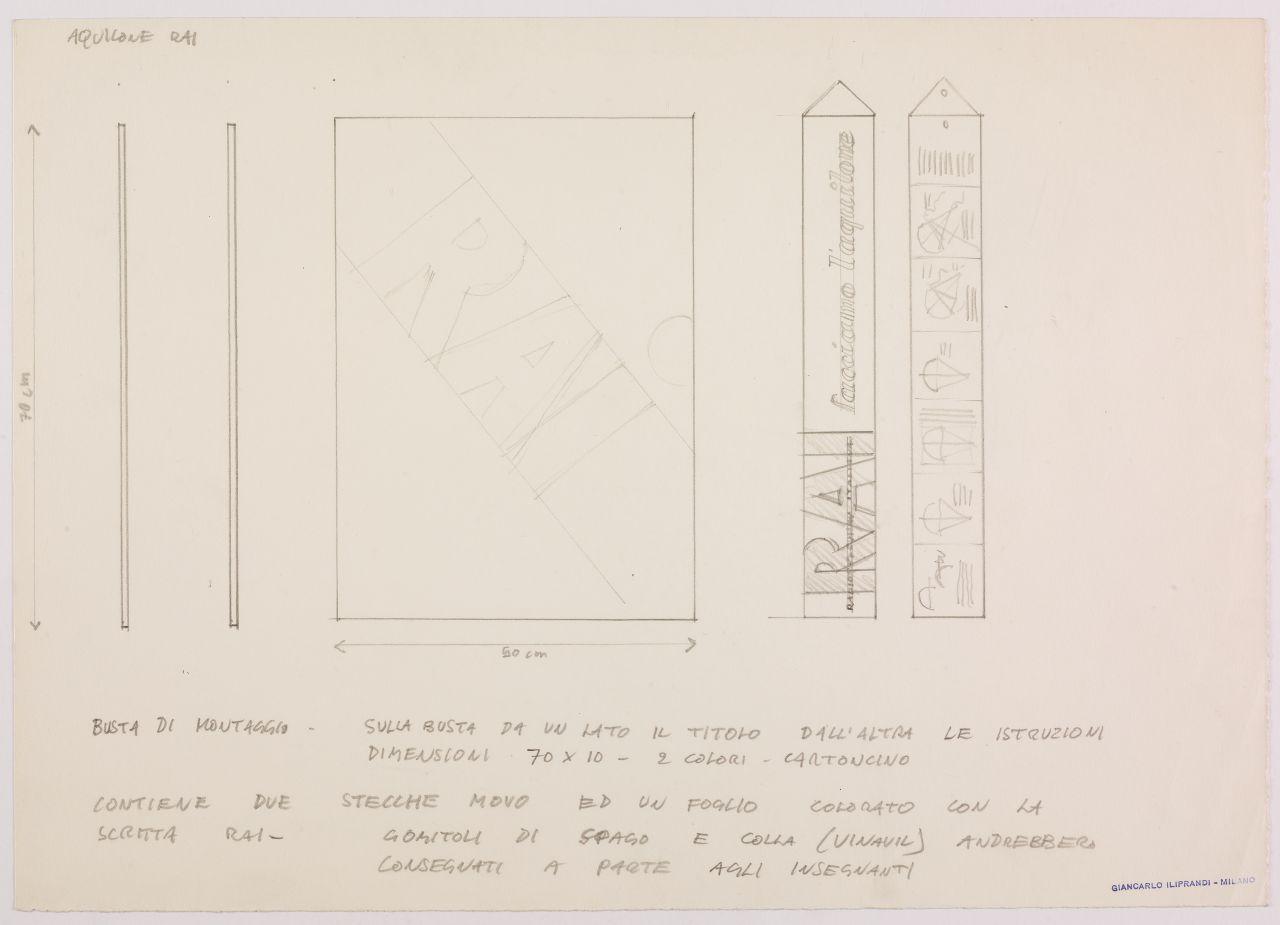 Bozzetto per il progetto Facciamo l'aquilone per Rai - Radiotelevisione Italiana, disegni della confezione di un aquilone da montare (disegno) di Iliprandi, Giancarlo (sec. XX)