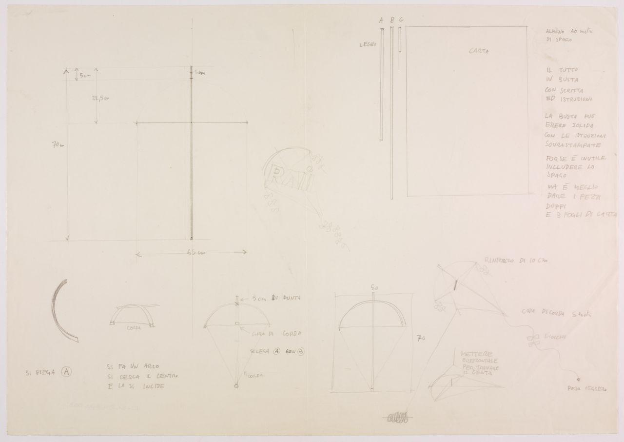 Bozzetto per il progetto Facciamo l'aquilone per Rai - Radiotelevisione Italiana, disegni e appunti di progetto per un aquilone da montare (disegno) di Iliprandi, Giancarlo (sec. XX)