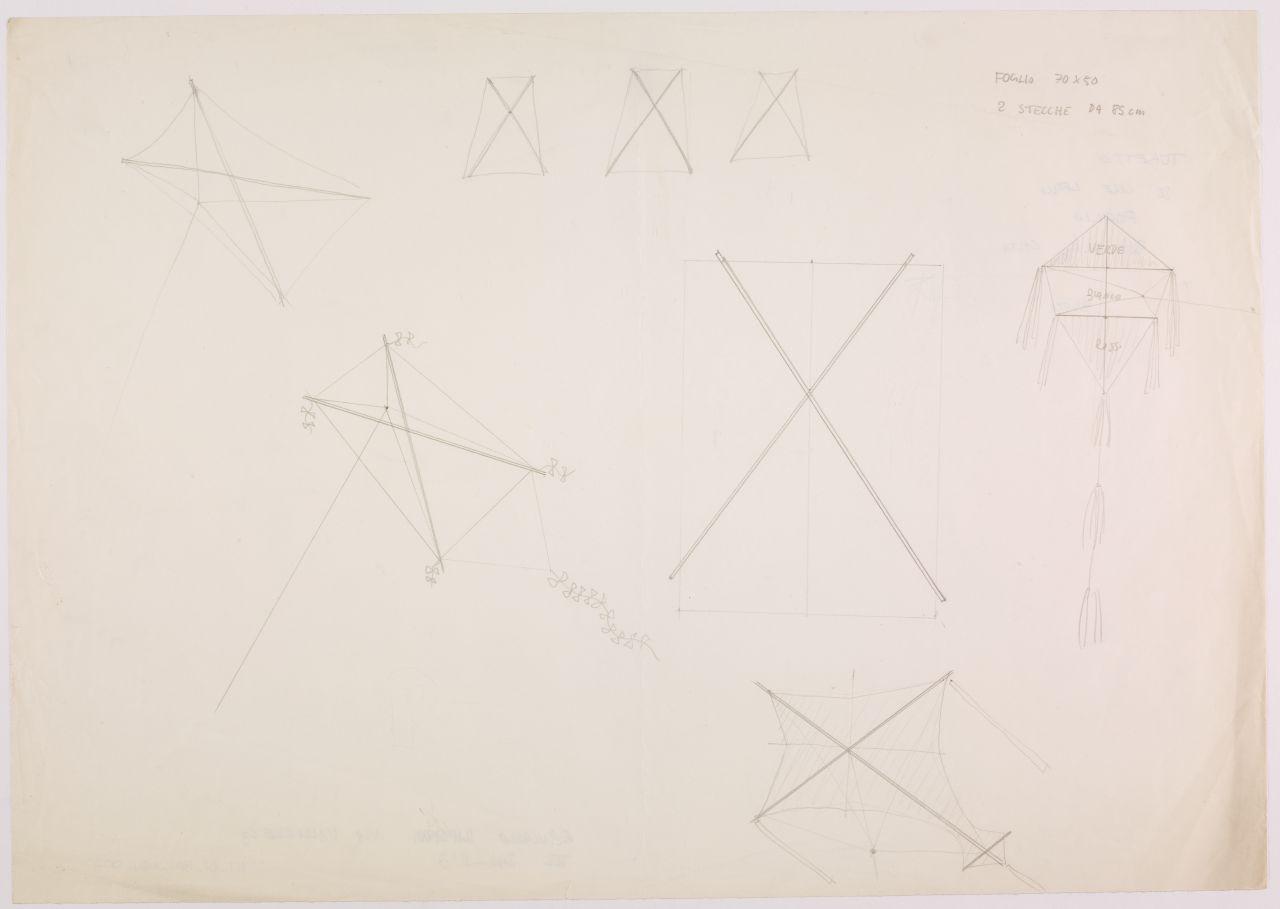 Bozzetto per il progetto Facciamo l'aquilone per Rai - Radiotelevisione Italiana, disegni e appunti di progetto per un aquilone da montare (disegno) di Iliprandi, Giancarlo (sec. XX)