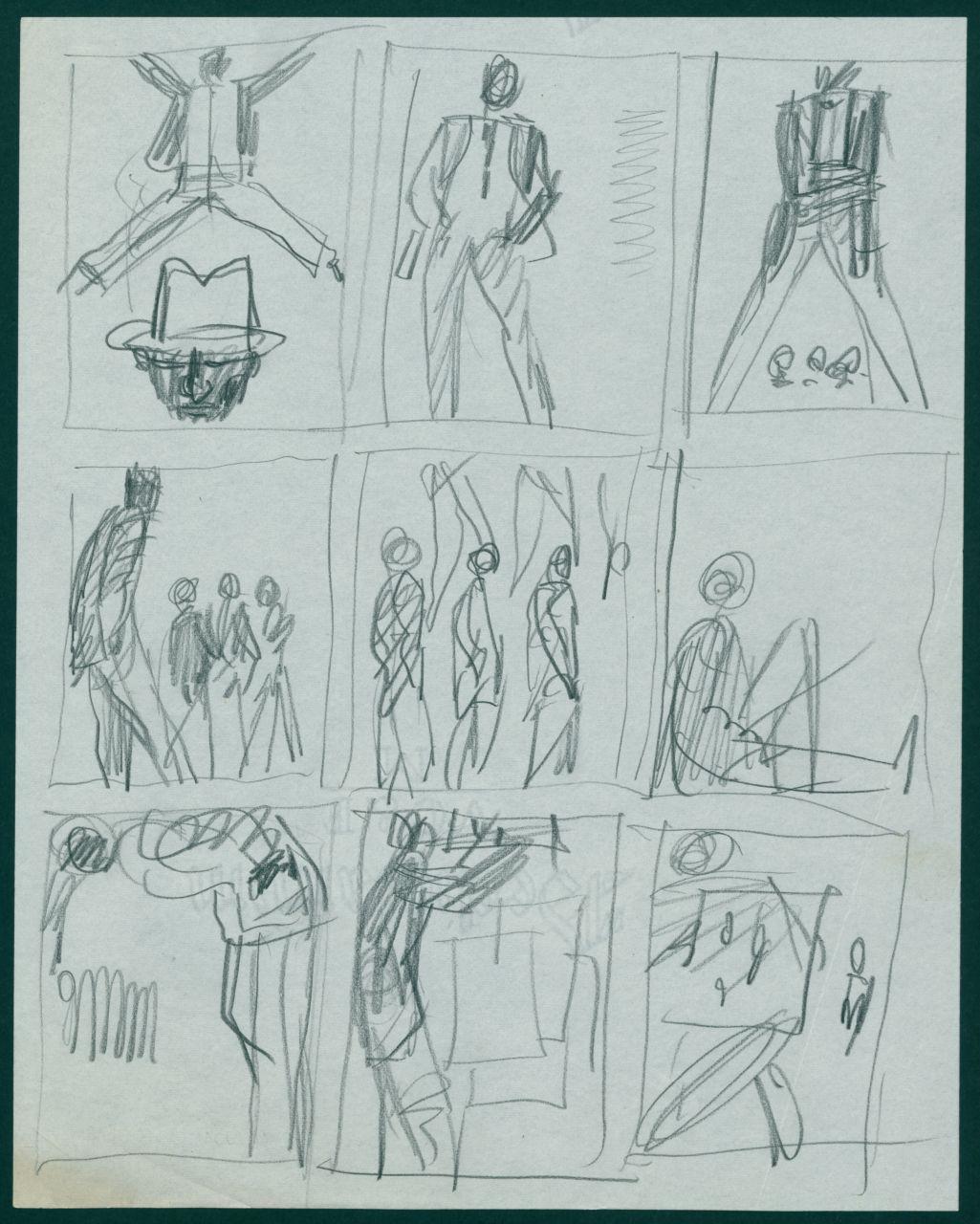 Schizzi per il periodico dei grandi magazzini la Rinascente "Uomo la Rinascente Moda maschile" dell'ottobre 1961, riquadri con figure maschili in differenti posizioni (disegno) di Iliprandi, Giancarlo (sec. XX)