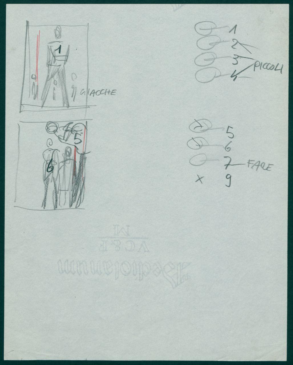 Schizzi per il periodico dei grandi magazzini la Rinascente "Uomo la Rinascente Moda maschile" dell'ottobre 1961, riquadri con figure umane e note manoscritte (disegno) di Iliprandi, Giancarlo (sec. XX)