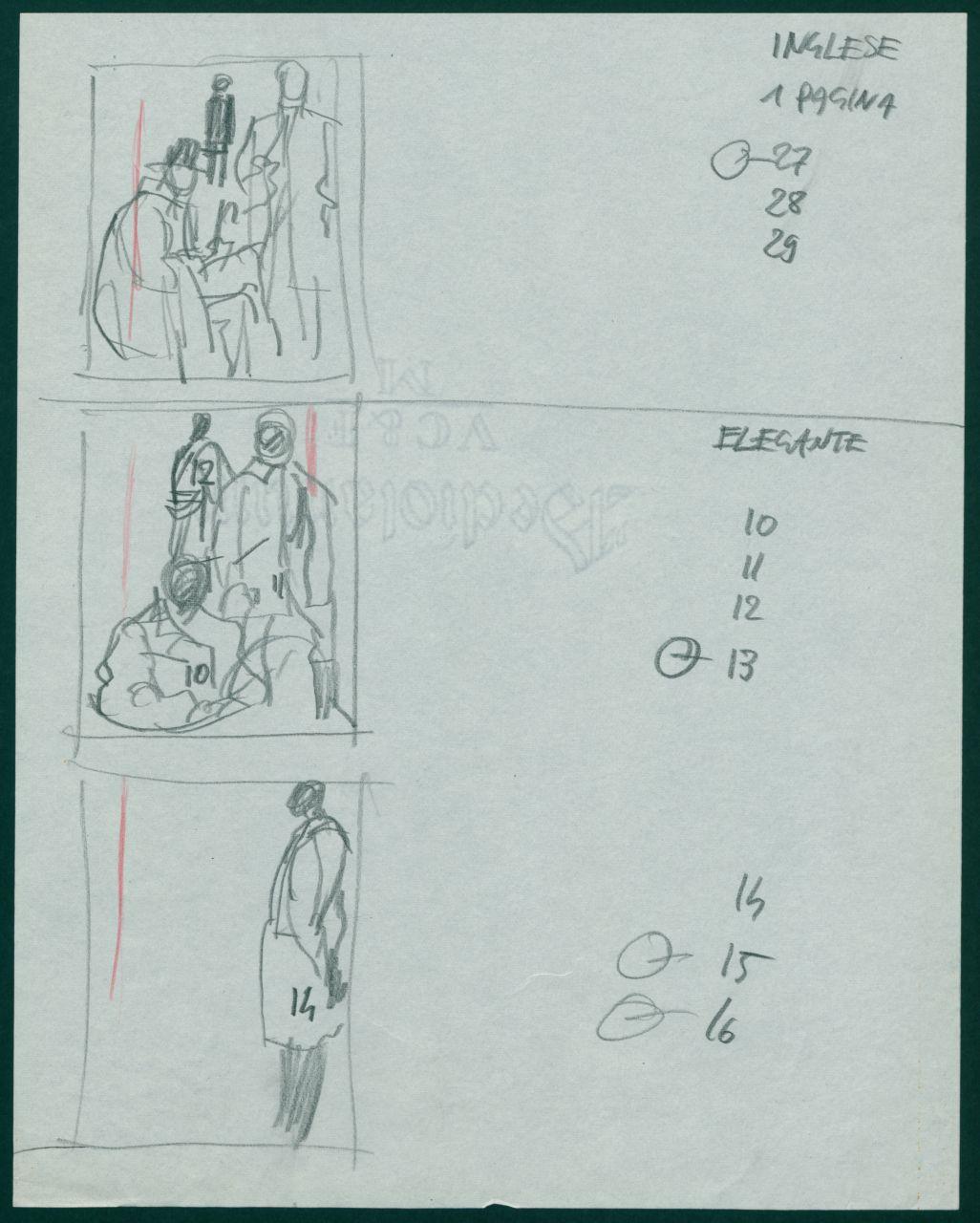 Schizzi per il periodico dei grandi magazzini la Rinascente "Uomo la Rinascente Moda maschile" dell'ottobre 1961, riquadri con figure umane e note manoscritte (disegno) di Iliprandi, Giancarlo (sec. XX)