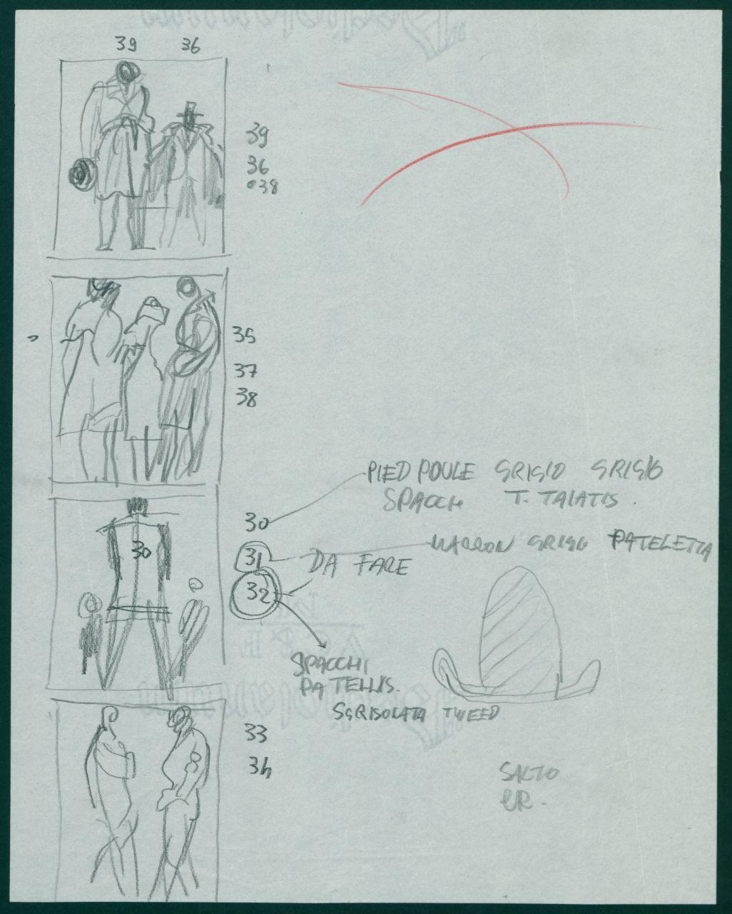 Schizzi per il periodico dei grandi magazzini la Rinascente "Uomo la Rinascente Moda maschile" dell'ottobre 1961, riquadri con figure umane e note manoscritte (disegno) di Iliprandi, Giancarlo (sec. XX)