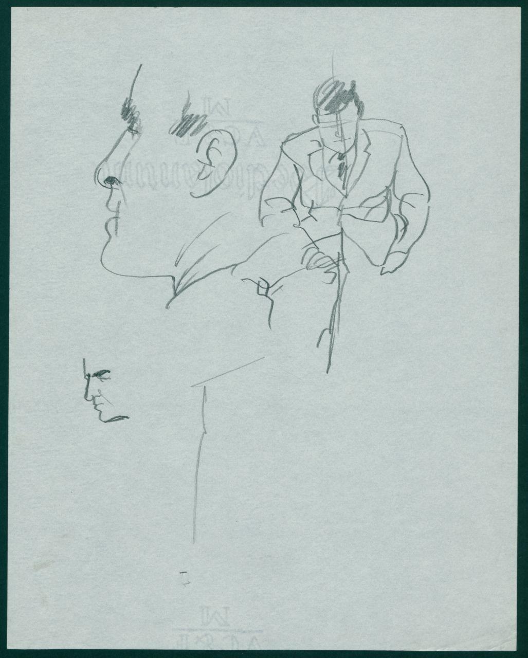 Primi studi di figure maschili per il periodico dei grandi magazzini la Rinascente "Uomo la Rinascente Moda maschile" dell'ottobre 1961, dettagli di figure maschili (disegno) di Iliprandi, Giancarlo (sec. XX)