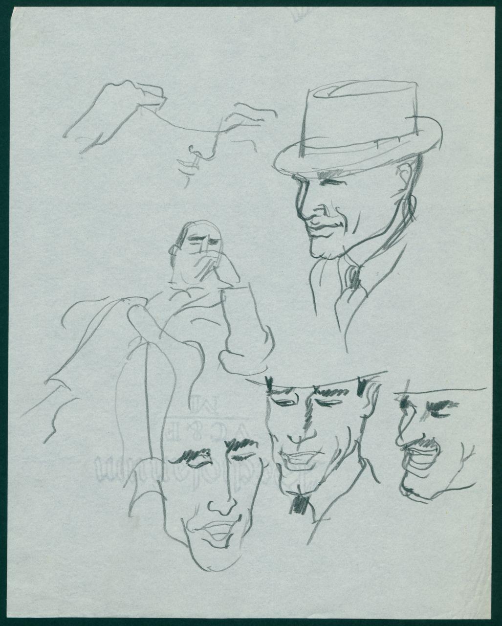 Primi studi di figure maschili per il periodico dei grandi magazzini la Rinascente "Uomo la Rinascente Moda maschile" dell'ottobre 1961, dettagli di volti e figure maschili (disegno) di Iliprandi, Giancarlo (sec. XX)