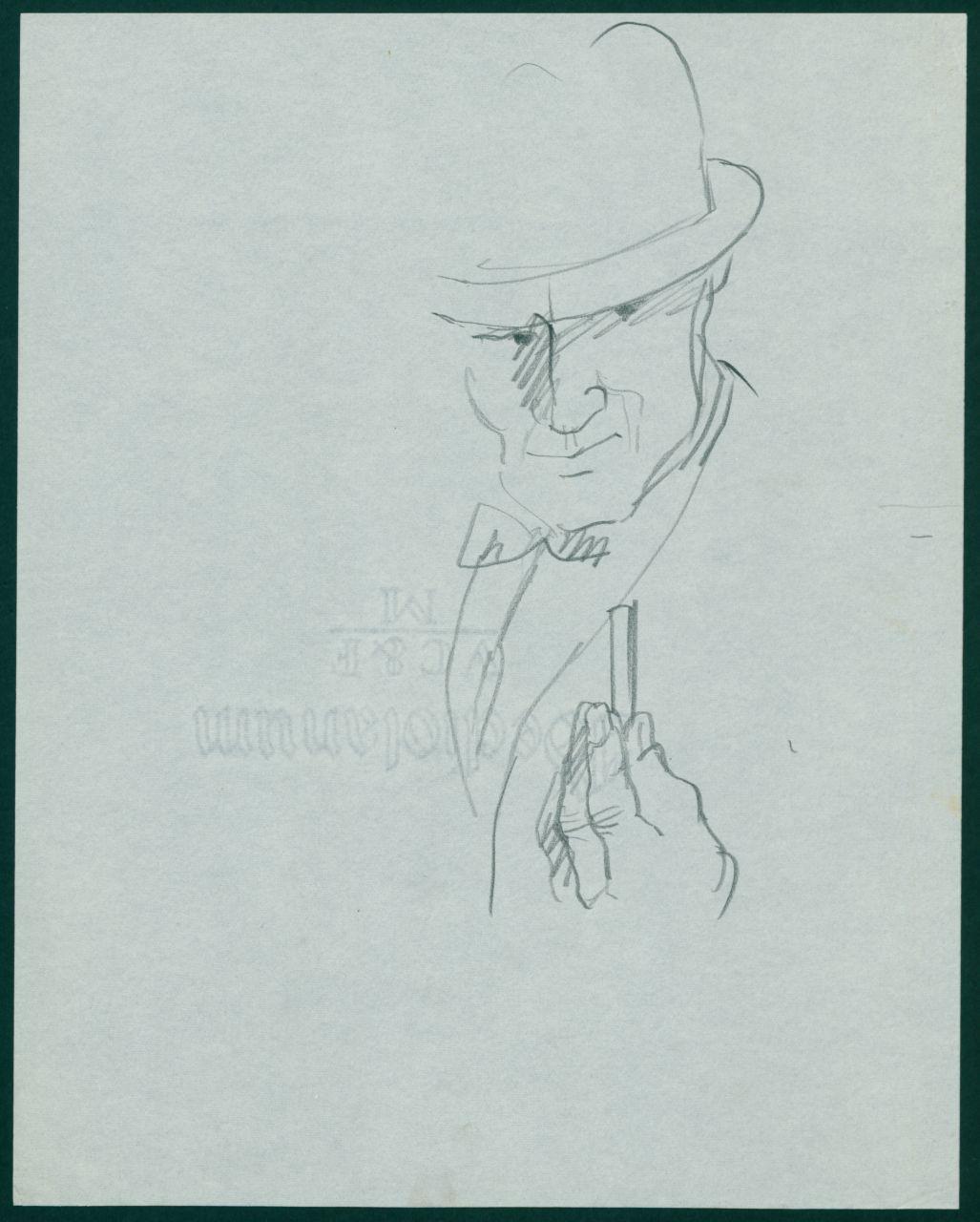 Bozzetto per il periodico dei grandi magazzini la Rinascente "Uomo la Rinascente Moda maschile" dell'ottobre 1961, mezzobusto di uomo con cappello, papillon e sigaretta (disegno) di Iliprandi, Giancarlo (sec. XX)