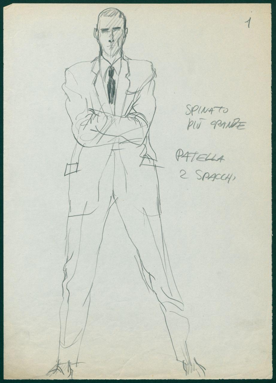 Bozzetto per il periodico dei grandi magazzini la Rinascente "Uomo la Rinascente Moda maschile" dell'ottobre 1961, uomo con completo con giacca monopetto (disegno) di Iliprandi, Giancarlo (sec. XX)
