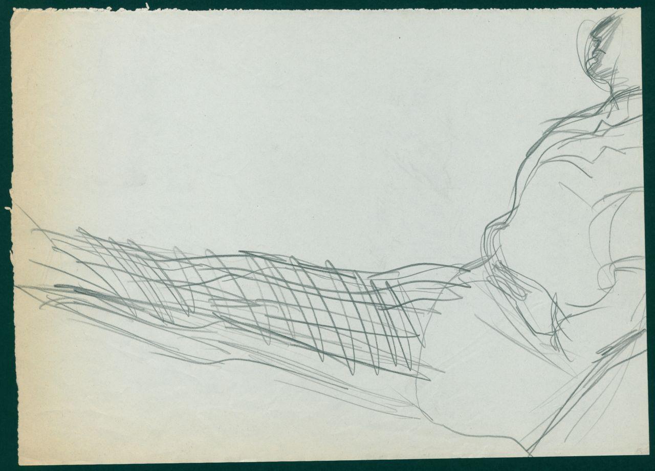 Bozzetto per il periodico dei grandi magazzini la Rinascente "Uomo la Rinascente Moda maschile" dell'ottobre 1961, figura maschile seduta con completo spezzato (disegno) di Iliprandi, Giancarlo (sec. XX)