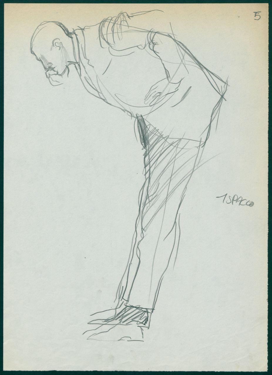 Bozzetto per il periodico dei grandi magazzini la Rinascente "Uomo la Rinascente Moda maschile" dell'ottobre 1961, figura maschile inchinata con giacca monopetto (disegno) di Iliprandi, Giancarlo (sec. XX)