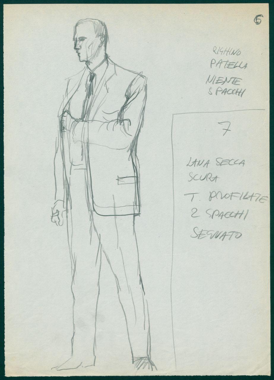 Bozzetto per il periodico dei grandi magazzini la Rinascente "Uomo la Rinascente Moda maschile" dell'ottobre 1961, uomo con completo con giacca monopetto (disegno) di Iliprandi, Giancarlo (sec. XX)