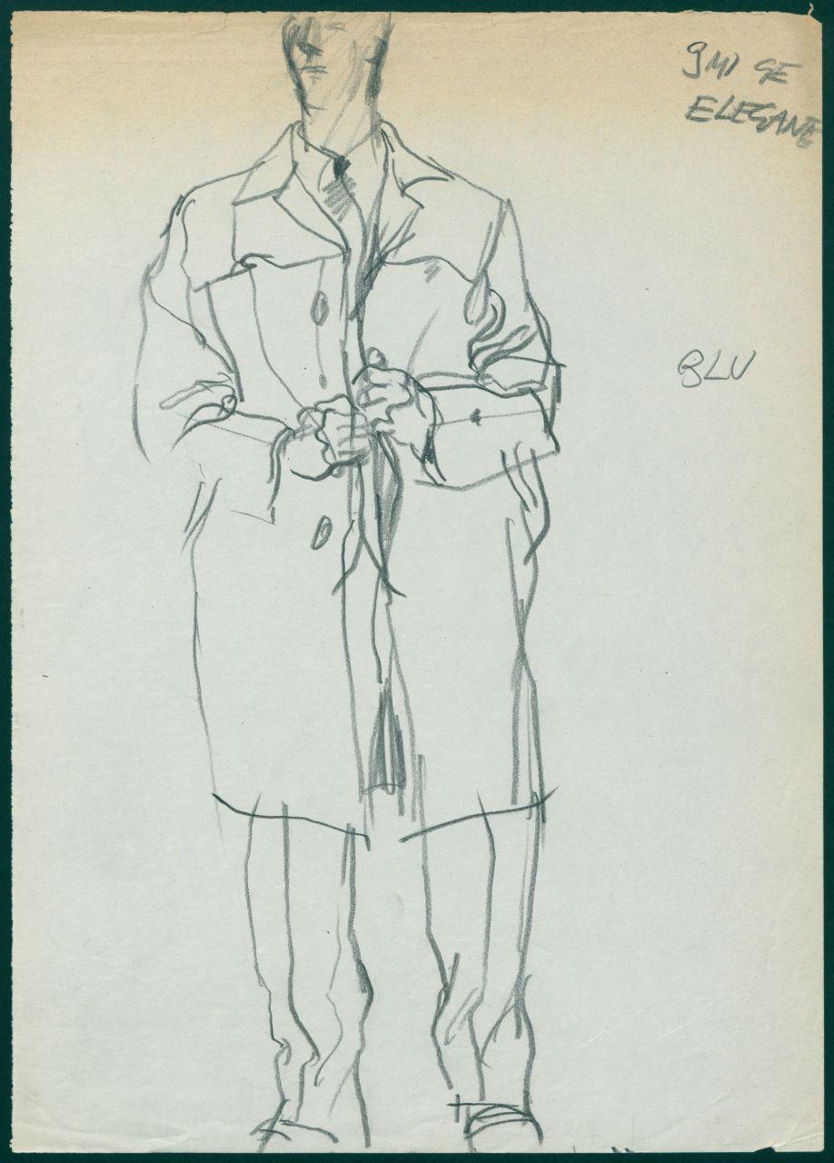 Bozzetto per il periodico dei grandi magazzini la Rinascente "Uomo la Rinascente Moda maschile" dell'ottobre 1961, figura maschile con soprabito (disegno) di Iliprandi, Giancarlo (sec. XX)