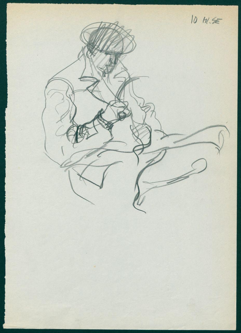 Bozzetto per il periodico dei grandi magazzini la Rinascente "Uomo la Rinascente Moda maschile" dell'ottobre 1961, figura maschile seduta con soprabito e cappello (disegno) di Iliprandi, Giancarlo (sec. XX)