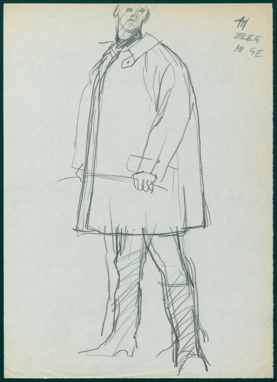 Bozzetto per il periodico dei grandi magazzini la Rinascente "Uomo la Rinascente Moda maschile" dell'ottobre 1961, figura maschile con soprabito (disegno) di Iliprandi, Giancarlo (sec. XX)