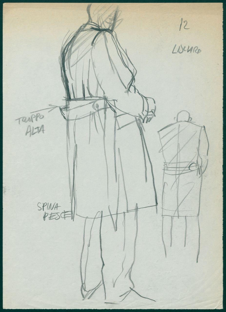 Bozzetto per il periodico dei grandi magazzini la Rinascente "Uomo la Rinascente Moda maschile" dell'ottobre 1961, figure maschili con soprabito (disegno) di Iliprandi, Giancarlo (sec. XX)