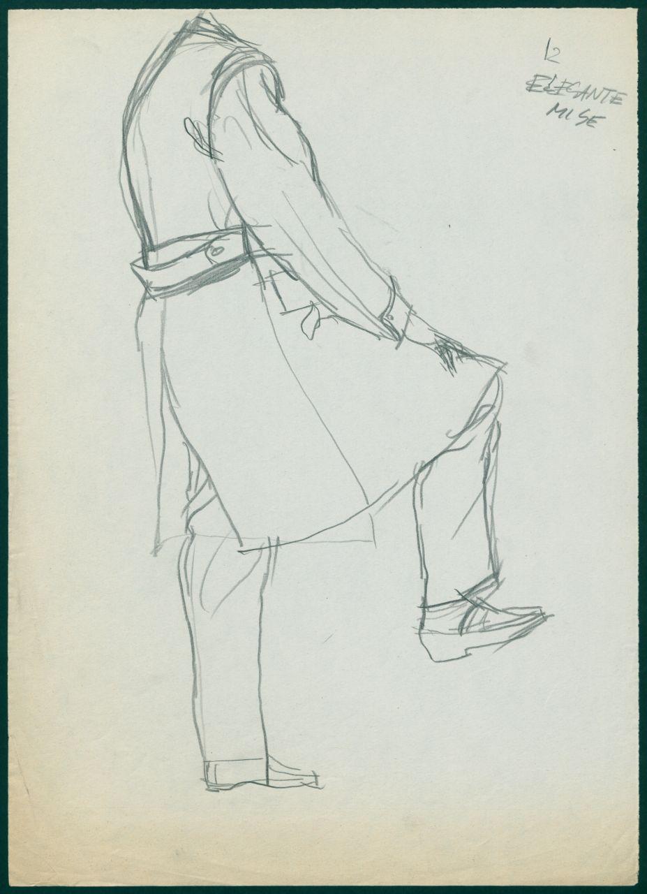 Bozzetto per il periodico dei grandi magazzini la Rinascente "Uomo la Rinascente Moda maschile" dell'ottobre 1961, figura maschile con soprabito (disegno) di Iliprandi, Giancarlo (sec. XX)