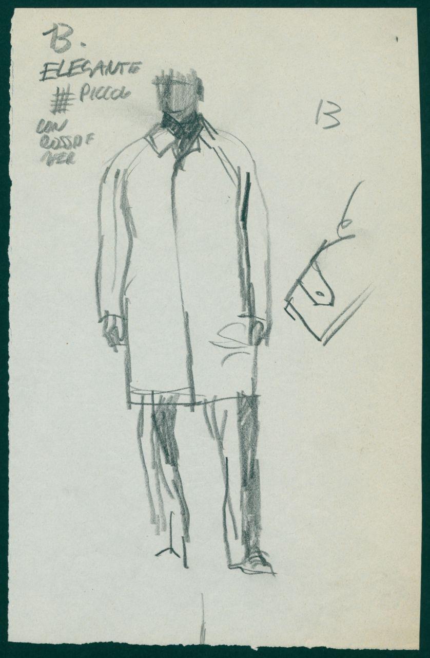 Bozzetto per il periodico dei grandi magazzini la Rinascente "Uomo la Rinascente Moda maschile" dell'ottobre 1961, figura maschile con soprabito (disegno) di Iliprandi, Giancarlo (sec. XX)