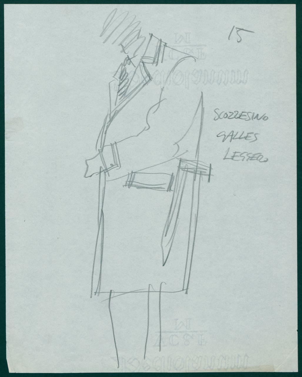 Bozzetto per il periodico dei grandi magazzini la Rinascente "Uomo la Rinascente Moda maschile" dell'ottobre 1961, figura maschile con soprabito (disegno) di Iliprandi, Giancarlo (sec. XX)