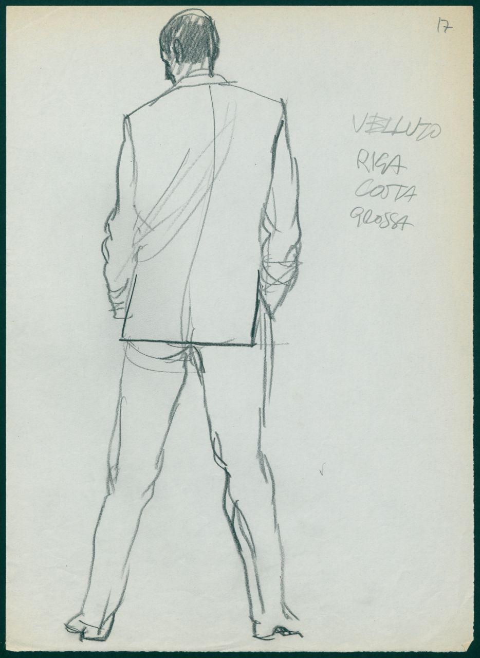 Bozzetto per il periodico dei grandi magazzini la Rinascente "Uomo la Rinascente Moda maschile" dell'ottobre 1961, figura maschile di spalle con completo (disegno) di Iliprandi, Giancarlo (sec. XX)