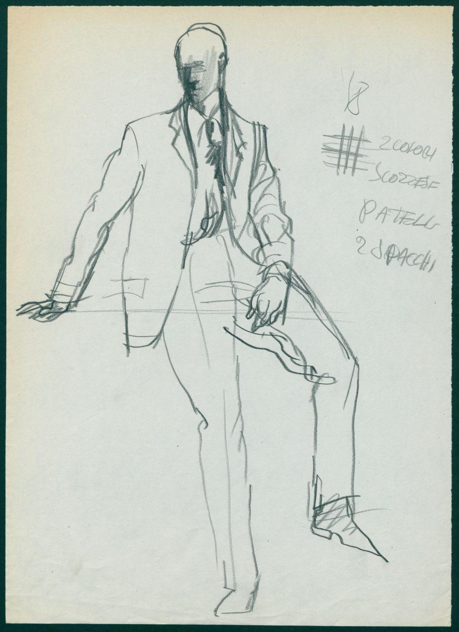 Bozzetto per il periodico dei grandi magazzini la Rinascente "Uomo la Rinascente Moda maschile" dell'ottobre 1961, figura maschile seduta con completo con giacca monopetto (disegno) di Iliprandi, Giancarlo (sec. XX)