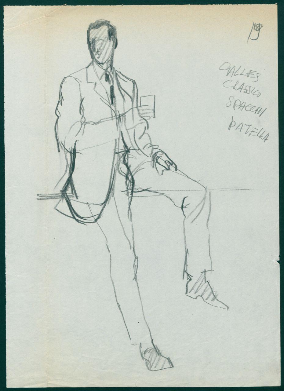 Bozzetto per il periodico dei grandi magazzini la Rinascente "Uomo la Rinascente Moda maschile" dell'ottobre 1961, figura maschile seduta con completo con giacca monopetto (disegno) di Iliprandi, Giancarlo (sec. XX)