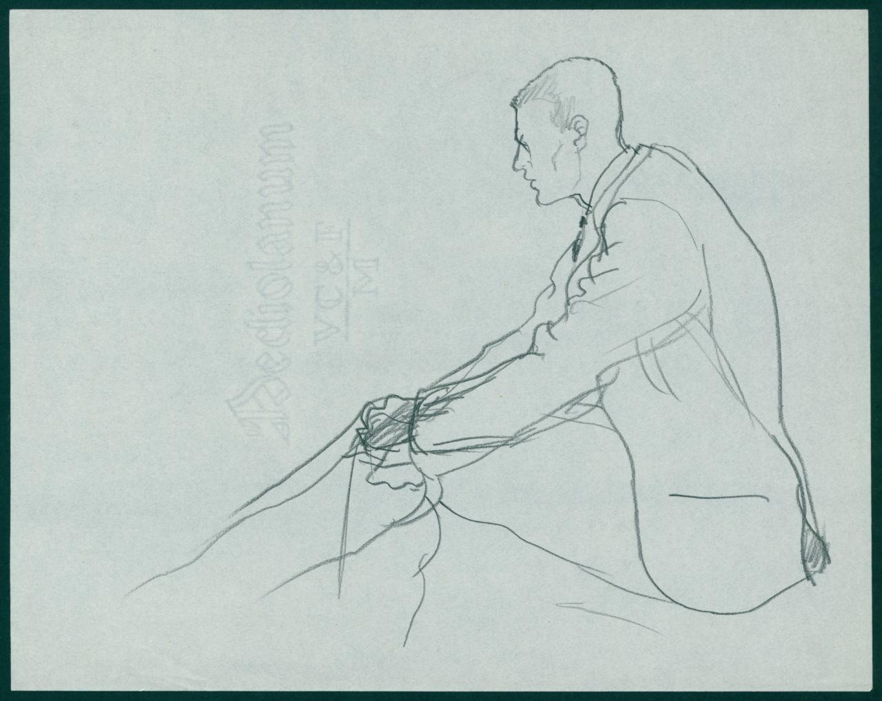 Bozzetto per il periodico dei grandi magazzini la Rinascente "Uomo la Rinascente Moda maschile" dell'ottobre 1961, figura maschile di profilo seduta a terra (disegno) di Iliprandi, Giancarlo (sec. XX)