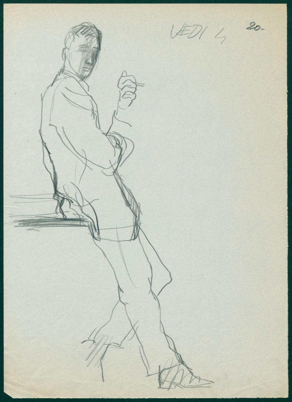 Bozzetto per il periodico dei grandi magazzini la Rinascente "Uomo la Rinascente Moda maschile" dell'ottobre 1961, figura maschile appoggiata con completo e sigaretta (disegno) di Iliprandi, Giancarlo (sec. XX)