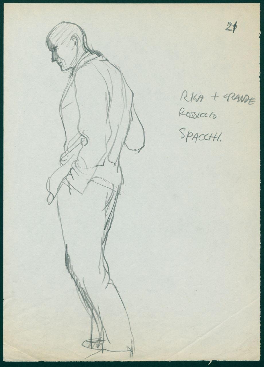 Bozzetto per il periodico dei grandi magazzini la Rinascente "Uomo la Rinascente Moda maschile" dell'ottobre 1961, figura maschile con completo (disegno) di Iliprandi, Giancarlo (sec. XX)