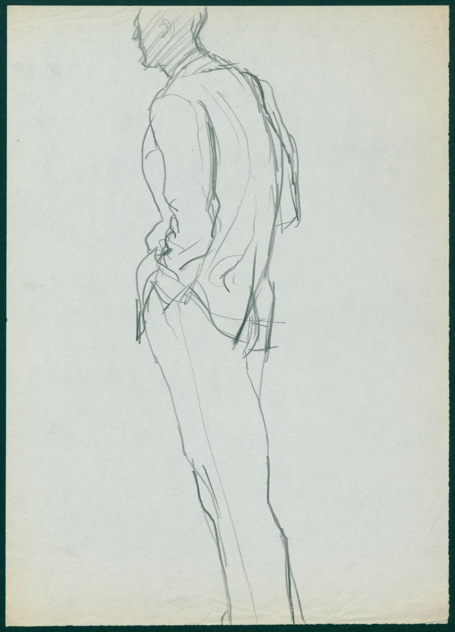 Bozzetto per il periodico dei grandi magazzini la Rinascente "Uomo la Rinascente Moda maschile" dell'ottobre 1961, figura maschile con completo (disegno) di Iliprandi, Giancarlo (sec. XX)