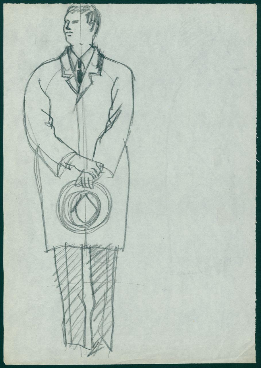 Bozzetto per il periodico dei grandi magazzini la Rinascente "Uomo la Rinascente Moda maschile" dell'ottobre 1961, uomo con soprabito e cappello in mano, frottage di figura umana (disegno) di Iliprandi, Giancarlo (sec. XX)