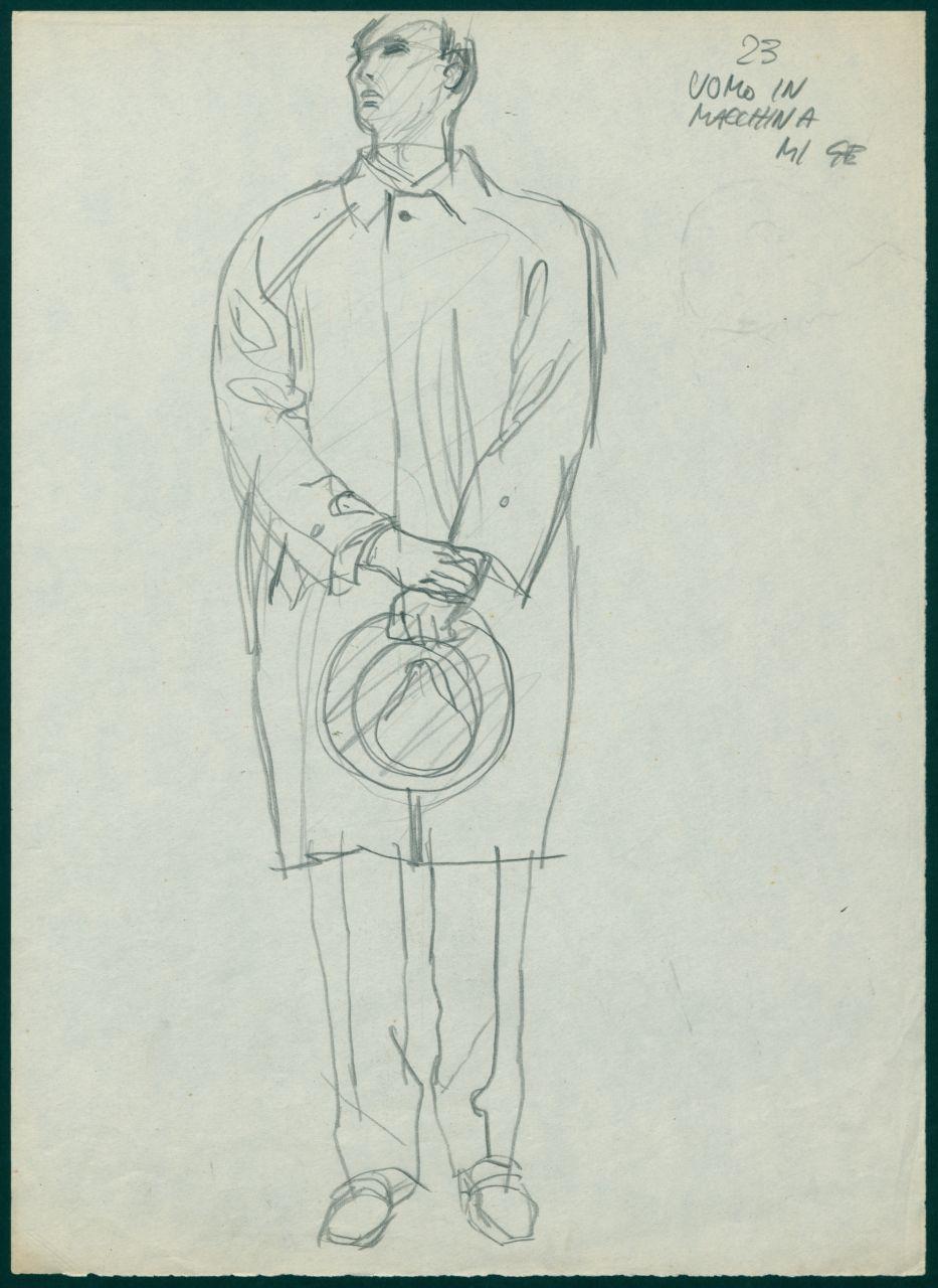 Bozzetto per il periodico dei grandi magazzini la Rinascente "Uomo la Rinascente Moda maschile" dell'ottobre 1961, figura maschile con soprabito e cappello in mano, mezzobusto di uomo di profilo (disegno) di Iliprandi, Giancarlo (sec. XX)