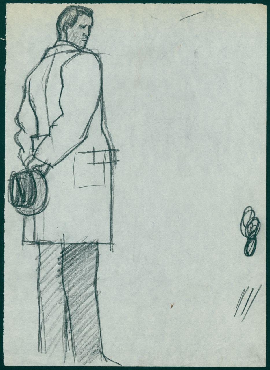 Bozzetto per il periodico dei grandi magazzini la Rinascente "Uomo la Rinascente Moda maschile" dell'ottobre 1961, uomo con soprabito e cappello in mano, uomo con soprabito e frottage di uomo con soprabito e cappello in mano (disegno) di Iliprandi, Giancarlo (sec. XX)