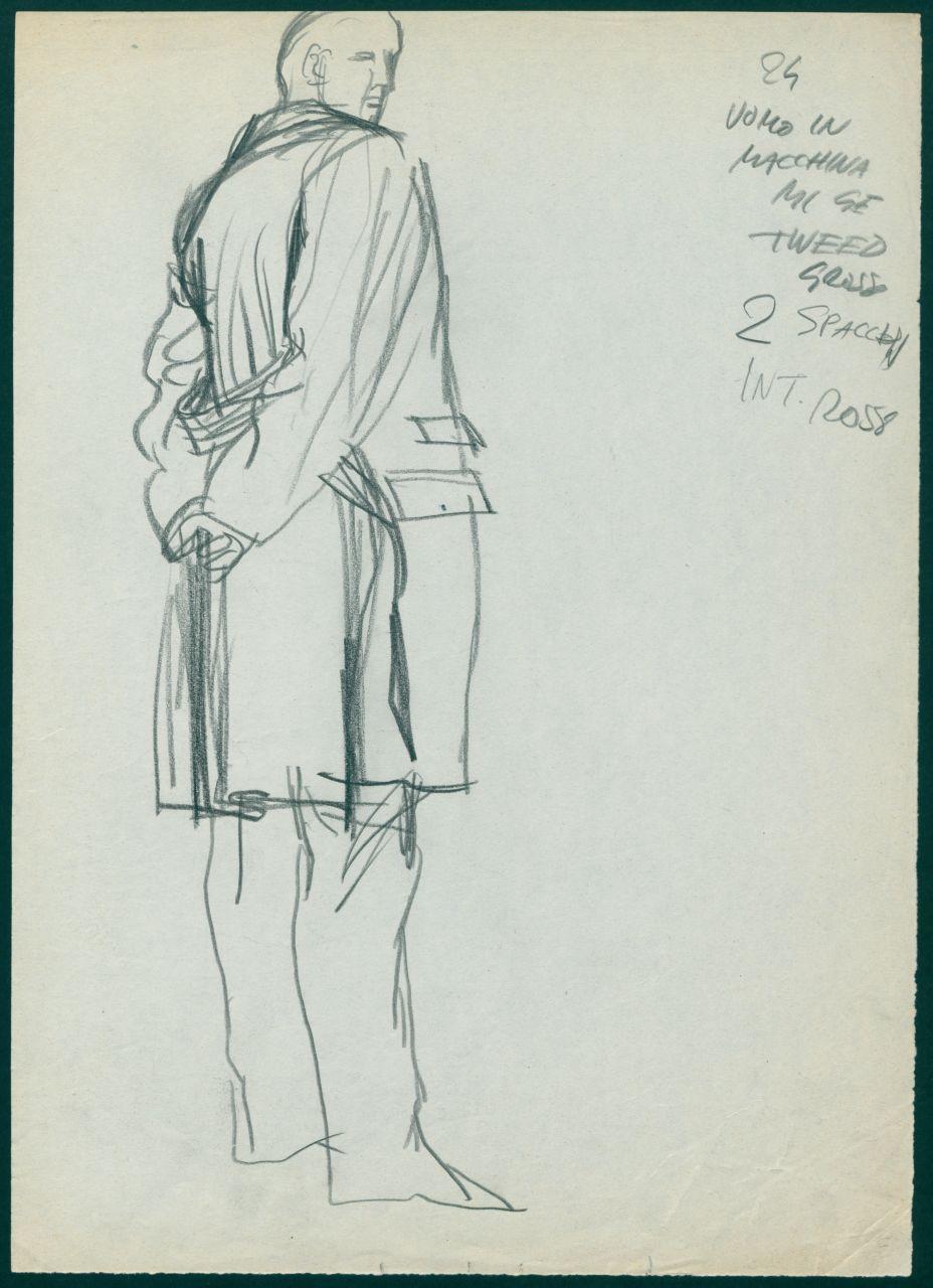 Bozzetto per il periodico dei grandi magazzini la Rinascente "Uomo la Rinascente Moda maschile" dell'ottobre 1961, figura maschile con soprabito (disegno) di Iliprandi, Giancarlo (sec. XX)