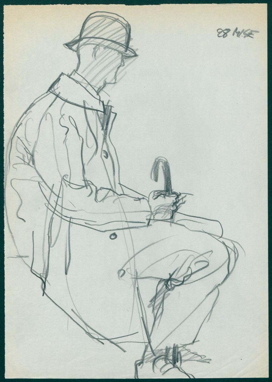 Bozzetto per il periodico dei grandi magazzini la Rinascente "Uomo la Rinascente Moda maschile" dell'ottobre 1961, figura maschile seduta con soprabito e cappello (disegno) di Iliprandi, Giancarlo (sec. XX)