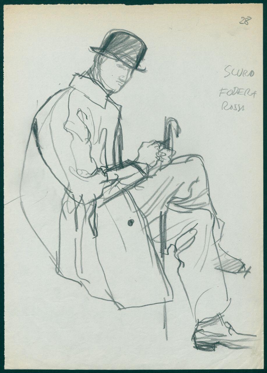 Bozzetto per il periodico dei grandi magazzini la Rinascente "Uomo la Rinascente Moda maschile" dell'ottobre 1961, figura maschile seduta con soprabito e cappello (disegno) di Iliprandi, Giancarlo (sec. XX)