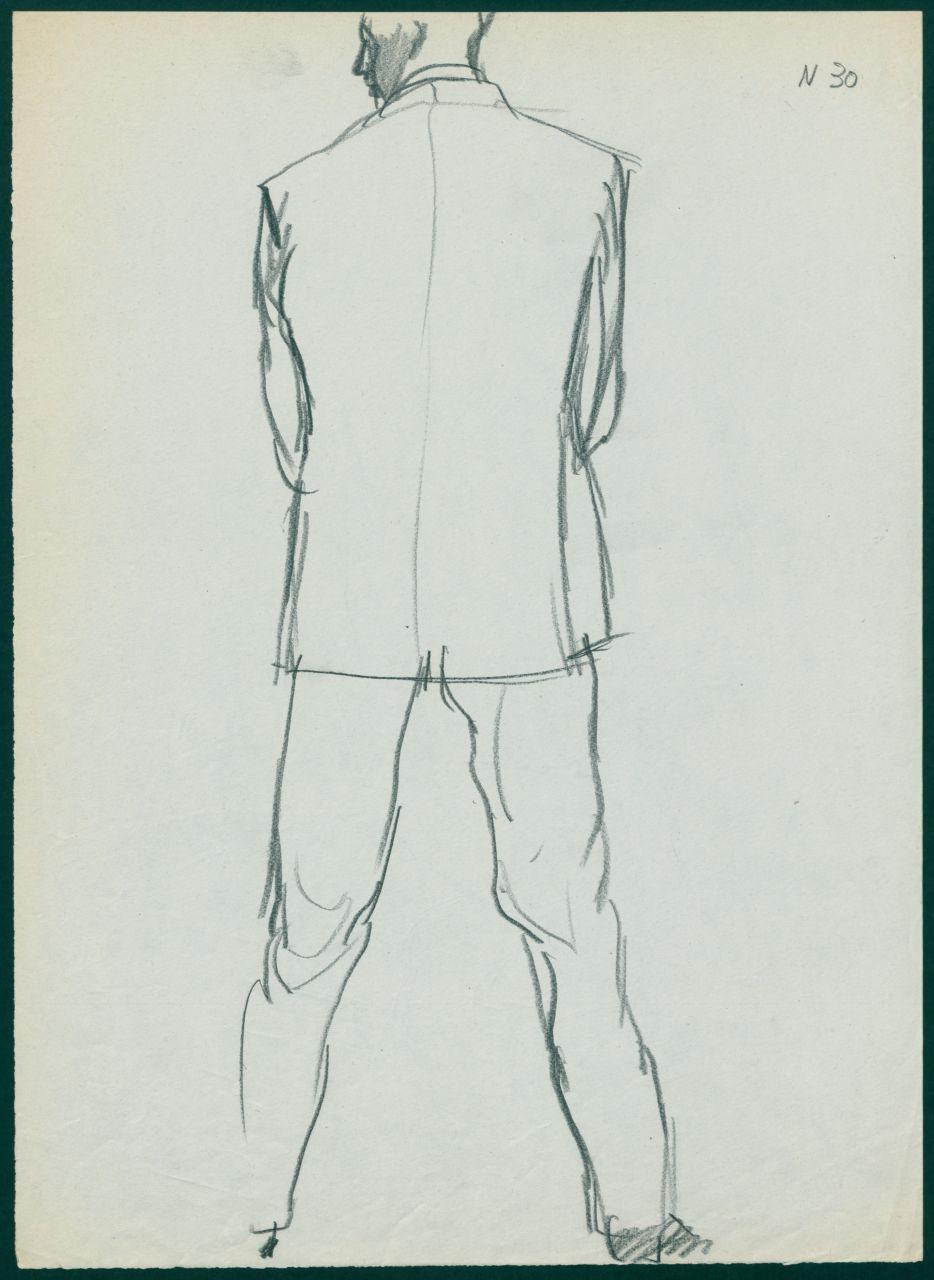 Bozzetto per il periodico dei grandi magazzini la Rinascente "Uomo la Rinascente Moda maschile" dell'ottobre 1961, figura maschile di spalle con completo, figura maschile seduta con gambe accavallate (disegno) di Iliprandi, Giancarlo (sec. XX)
