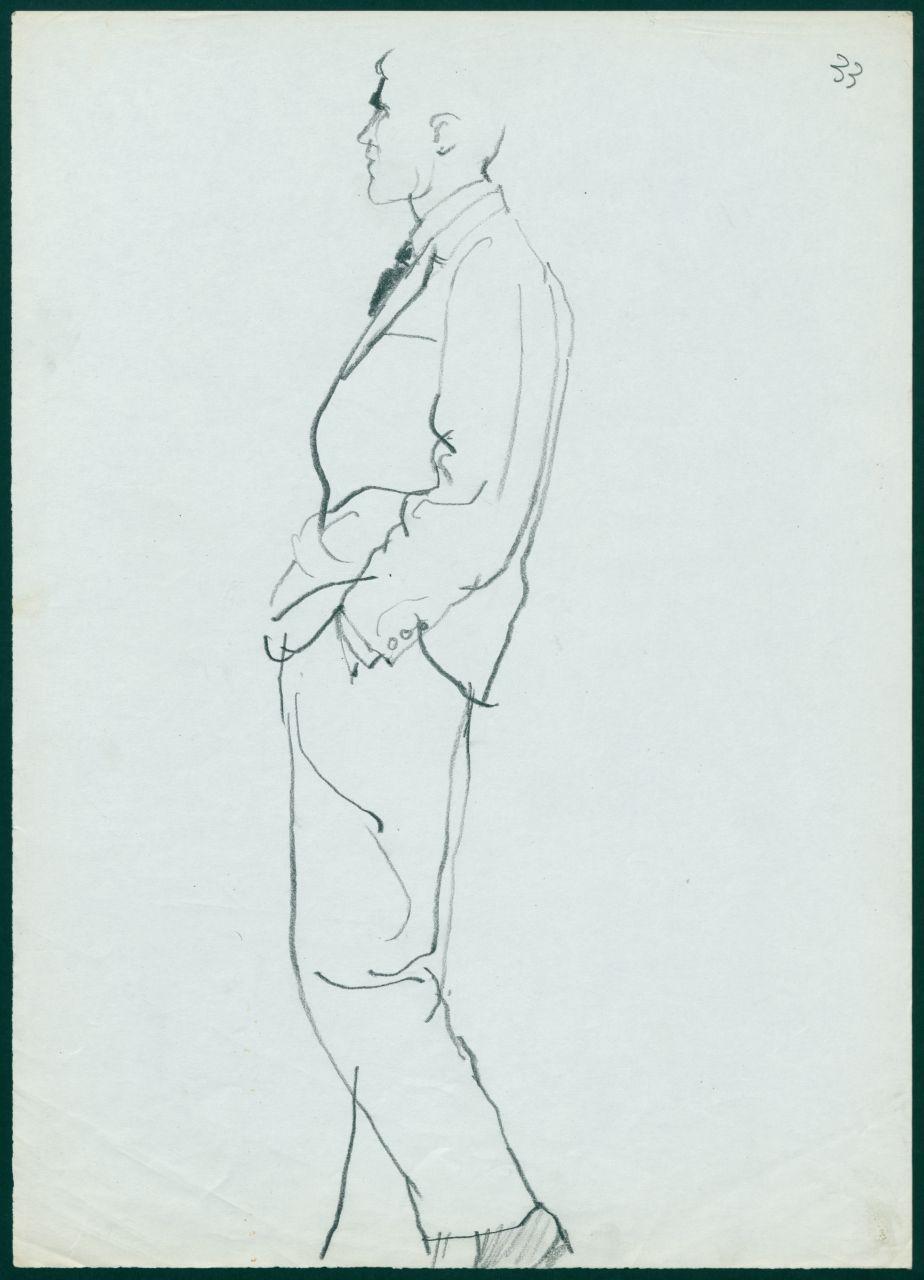 Bozzetto per il periodico dei grandi magazzini la Rinascente "Uomo la Rinascente Moda maschile" dell'ottobre 1961, figura maschile di profilo con completo (disegno) di Iliprandi, Giancarlo (sec. XX)