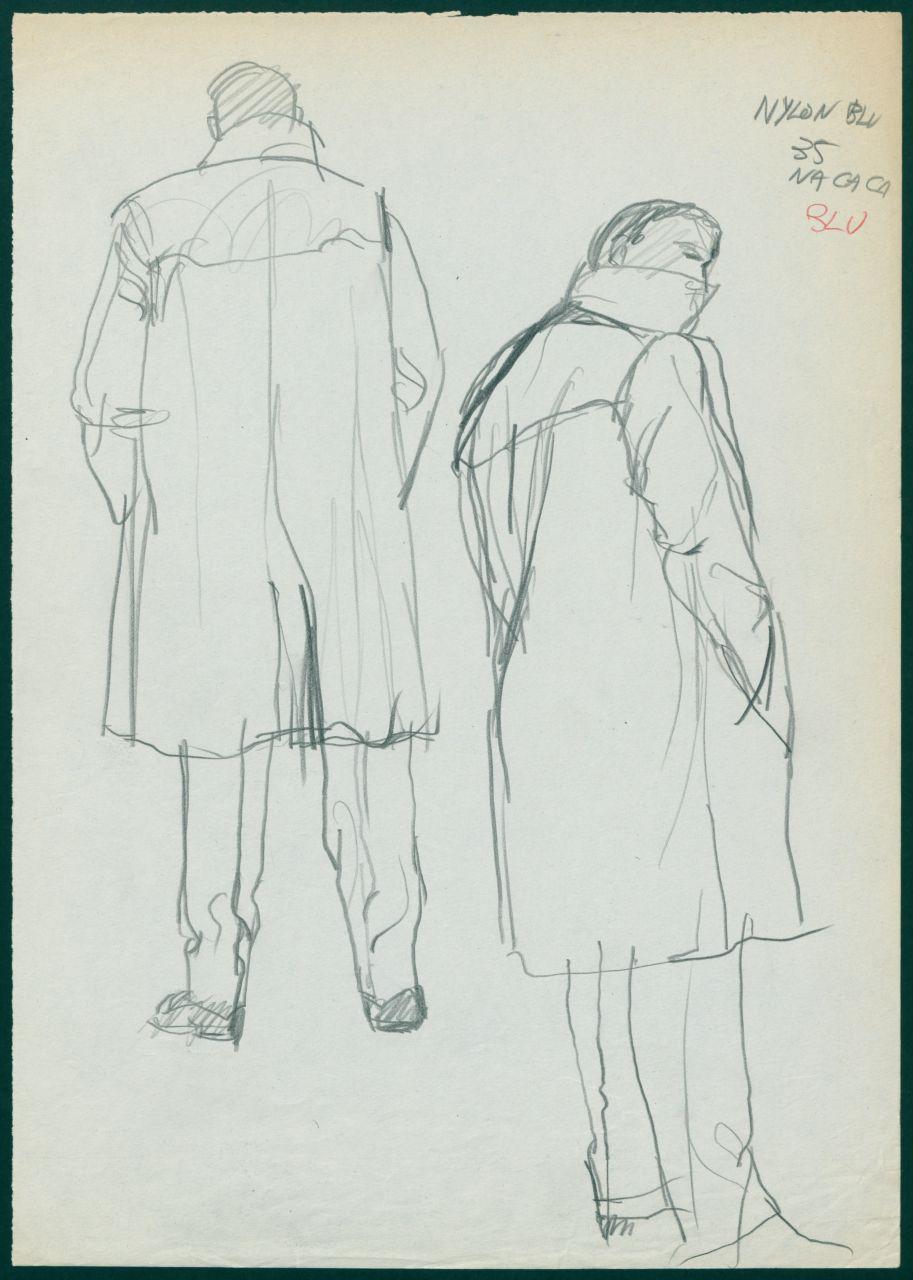 Bozzetto per il periodico dei grandi magazzini la Rinascente "Uomo la Rinascente Moda maschile" dell'ottobre 1961, figure maschili di spalle con soprabito (disegno) di Iliprandi, Giancarlo (sec. XX)